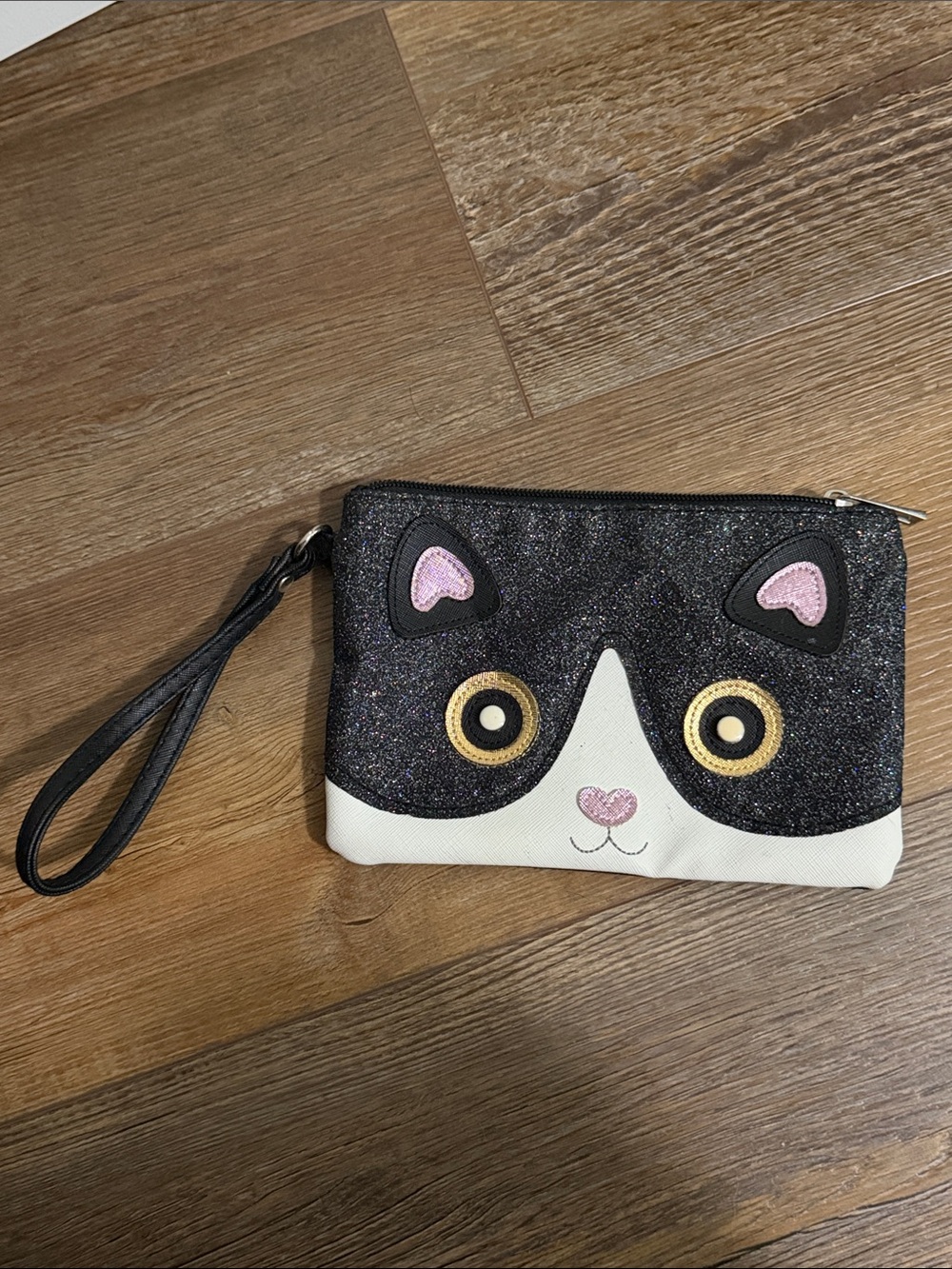 Cat Face Glitter Wristlet Pouch - Black and White